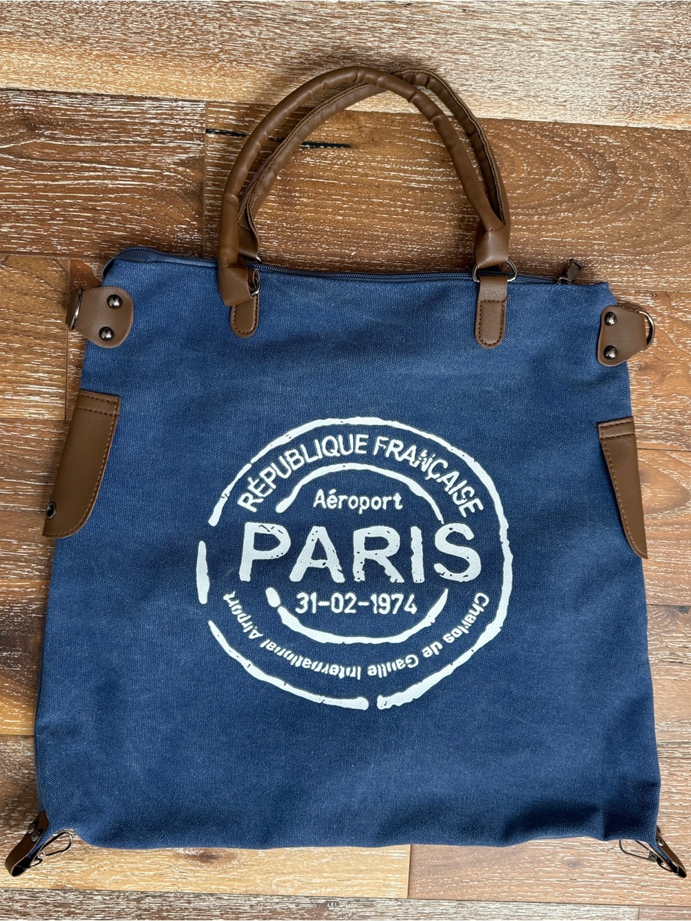 Paris Republic Francaise Charles de Gaulle Airpot Blue Canvas Tote Bag Purse
